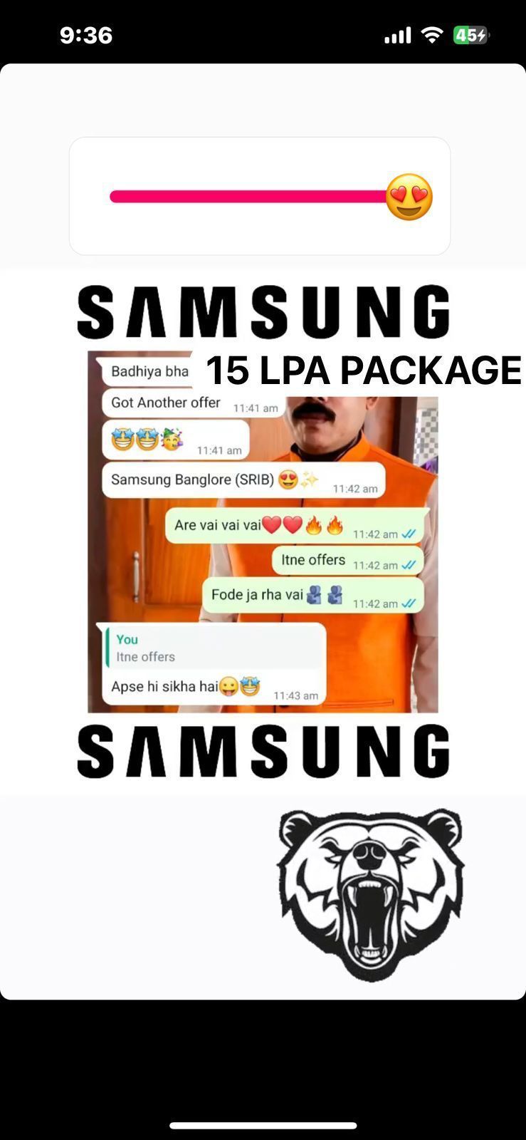 The same candidate later selected at Samsung — ₹15 LPA