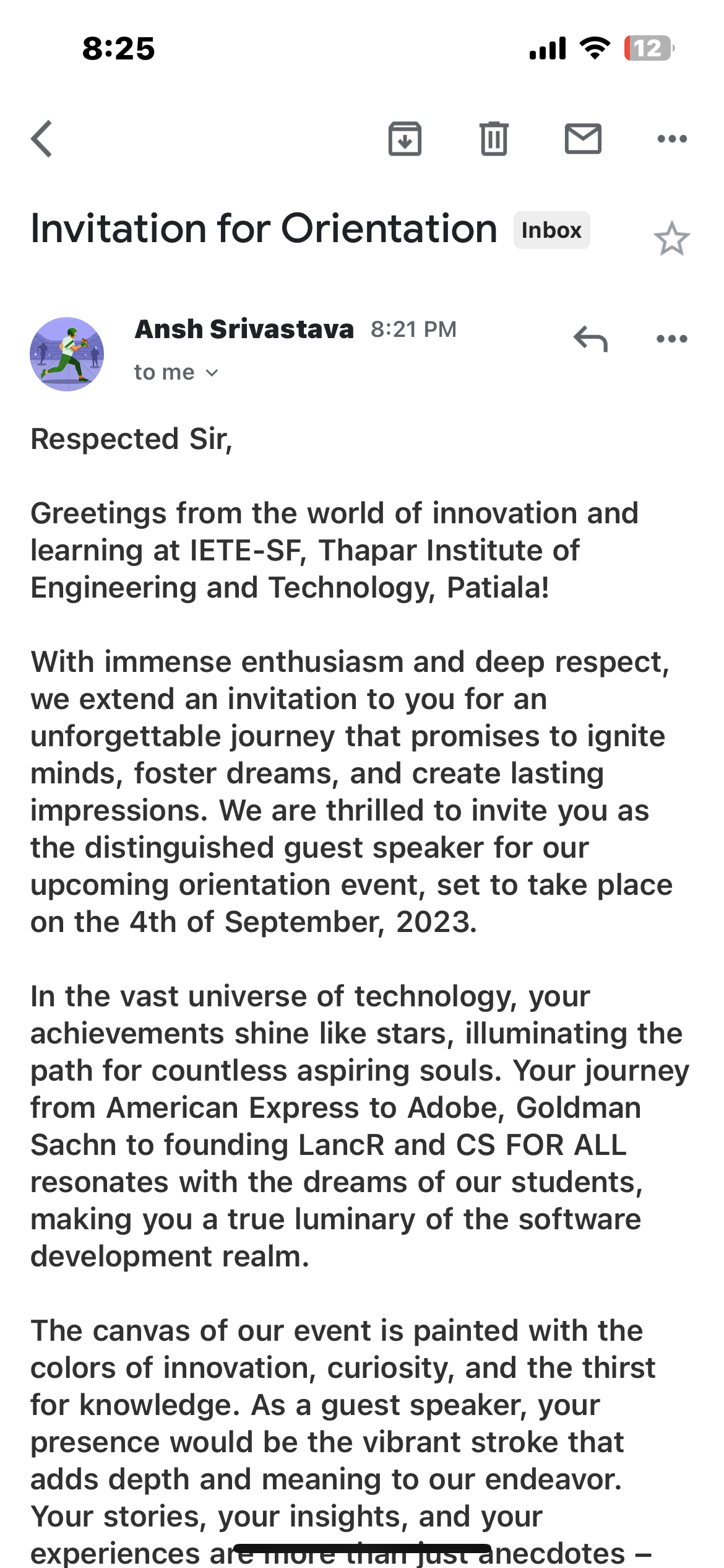 Invitation to speak at Thapar Institute of Engineering and Technology