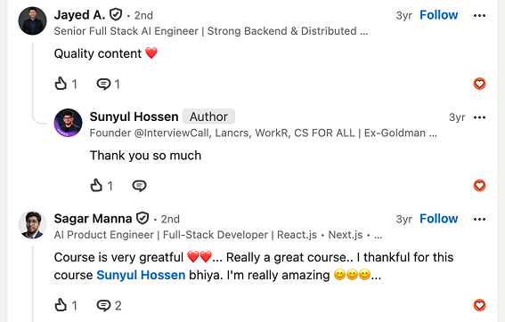 LinkedIn comments praising the program — 3