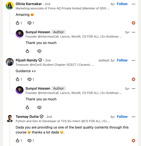 LinkedIn comments praising the program — 9