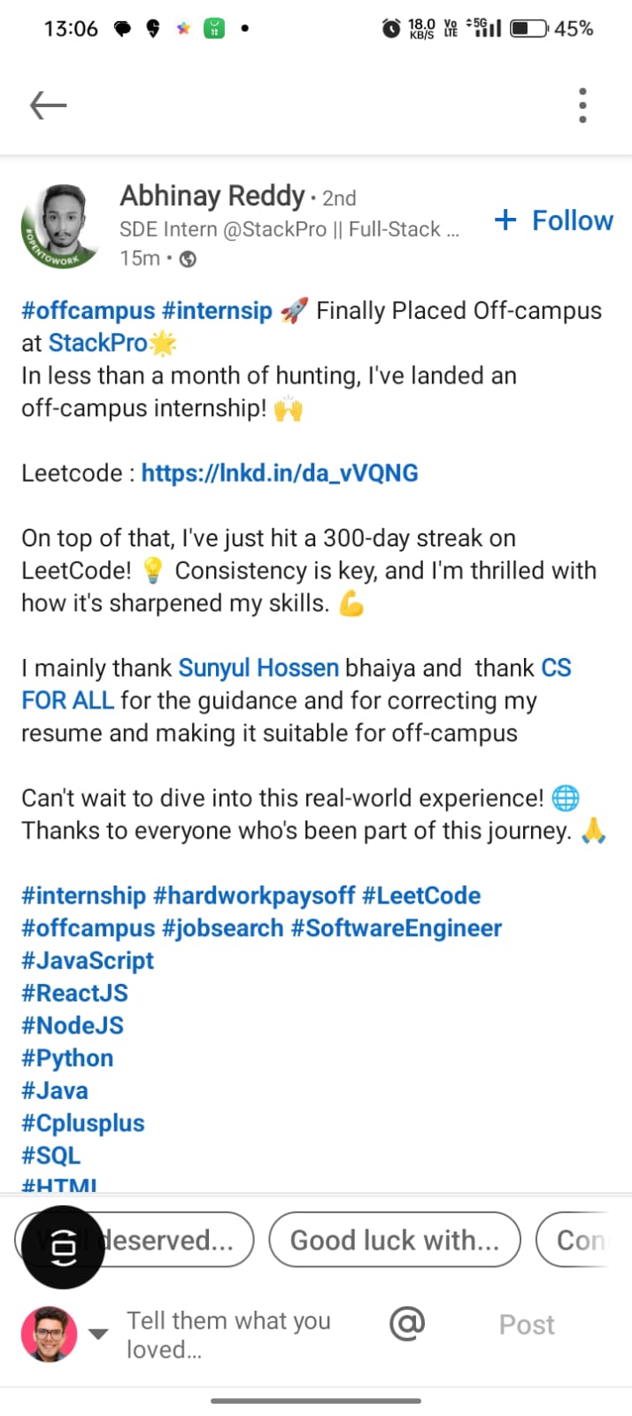 LinkedIn shout-out after securing a ₹15 LPA off-campus offer