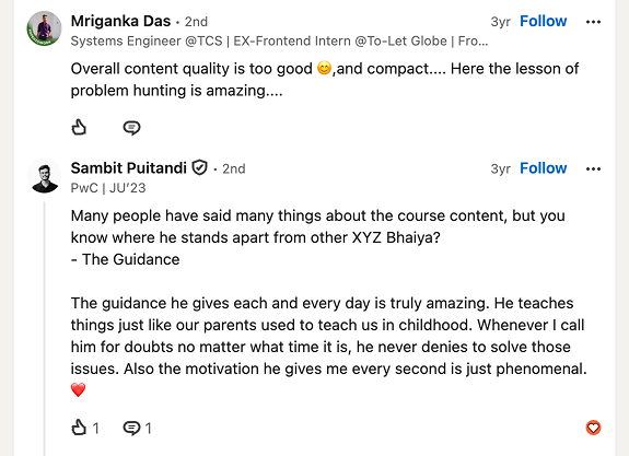 LinkedIn comments praising the program — 1